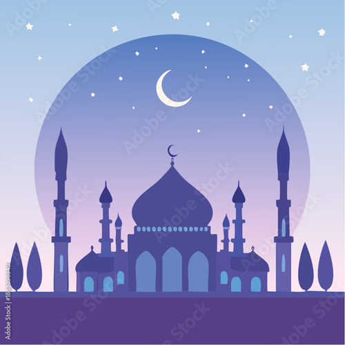 Serene mosque silhouette against a vibrant twilight sky, adorned with a crescent moon and twinkling stars, evoking peace and spiritual contemplation for cultural or religious celebrations