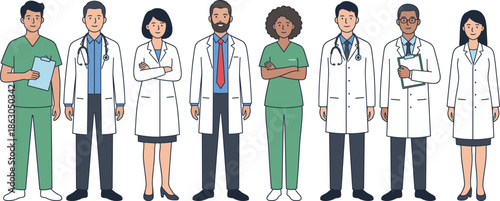 Professional diverse medical team illustration showing doctors nurses healthcare staff standing together in modern flat vector style for hospital clinic