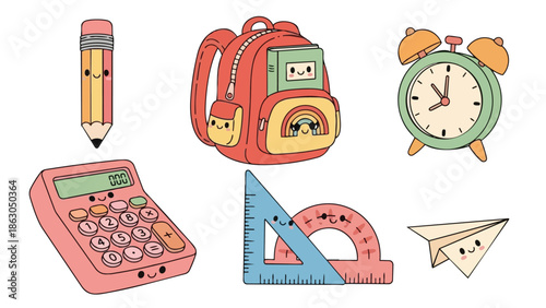 Cute kawaii school supplies vector set with smiling pencil calculator protractor backpack paper plane and alarm clock illustration