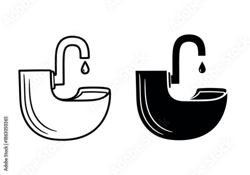 Sink faucet dripping water icon set outline and solid style