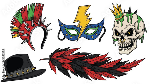 Colorful punk rock spiked mohawk headband with red green feathers blue lightning mask skull with green crown and black hat with spikes and red black feather accessory