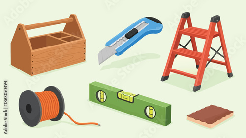 Colorful flat design toolkit including blue utility knife, orange step ladder, wooden toolbox, spool of wire and green spirit level illustration
