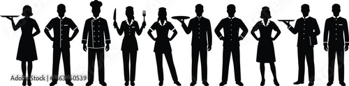 Restaurant staff silhouettes illustration showing chefs waiters waitresses catering service professionals hospitality team black vector set isolated design
