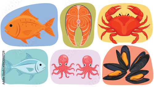 Colorful flat design vector of assorted seafood with fish, crab, salmon steak, octopus, and mussels on plain backgrounds