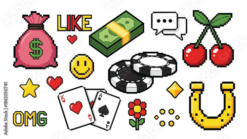 Pixel art style collection of gambling chips, playing cards, money bag, cherries, horseshoe, and colorful lucky symbols in flat design