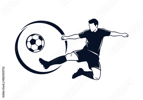 Soccer player kicking ball with dynamic motion and energy in a black and white illustration