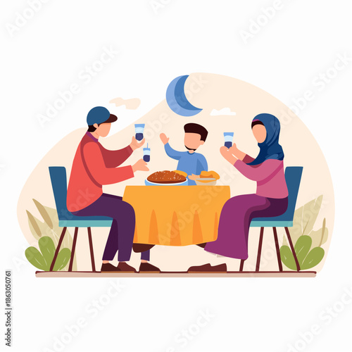 Illustration of a happy Muslim family enjoying a peaceful evening Iftar meal together, celebrating unity and togetherness during the holy month of Ramadan, sharing food and drinks around a cozy table