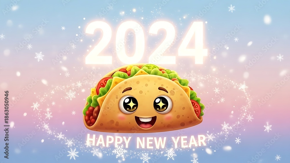 Naklejka premium A cheerful taco with lettuce, tomato, and a smile celebrates Happy New Year 2024 with snowflakes.
