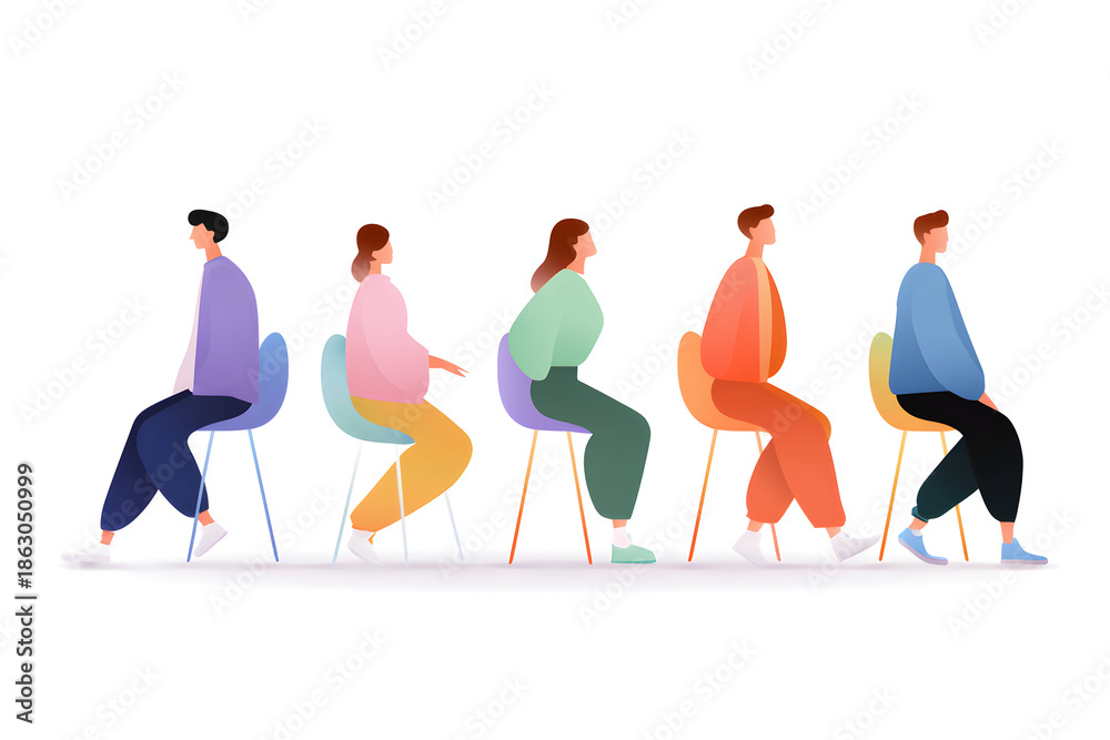 Fototapeta premium Harmonious Human Connection: Five individuals, each absorbed in thought, are seated side-by-side, subtly interacting through the shared moment, promoting togetherness and inclusivity. 