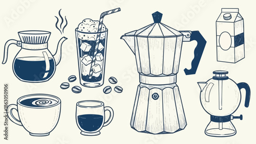 Hand drawn vintage coffee set with moka pot, siphon brewer, iced coffee, milk carton and steaming cup in sketch style