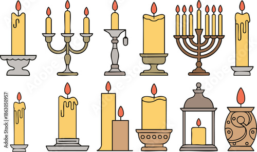 Retro ancient candlesticks, wax candle vintage holders. Medieval candelabra and candle stick set