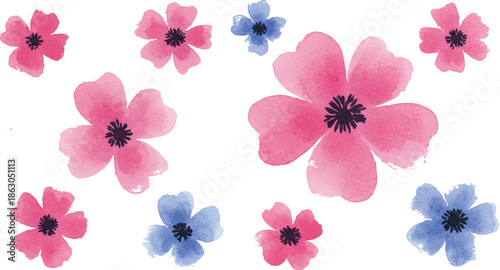 Watercolor flowers scattered across a white background with varying sizes and colors