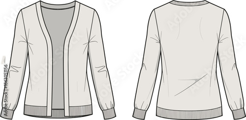 Technical flat sketch of a women cardigan front and back view, fashion template for apparel design, open front knit sweater.