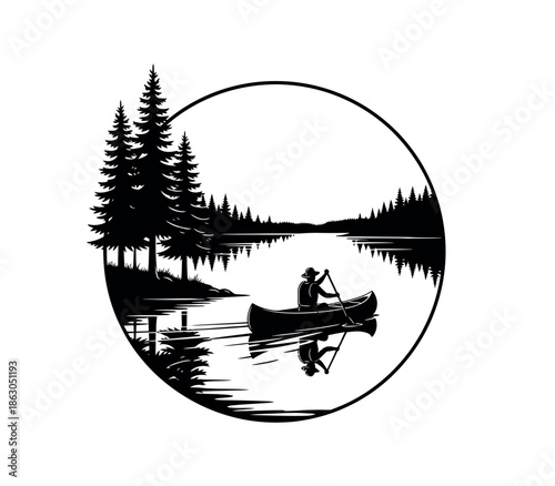 Serene canoeing scene on a reflective lake surrounded by evergreen trees