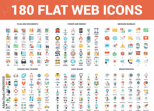 Vector Set Of 180 Flat Web Icons On Following Themes Files And Documents Power And Energy Message Bubbles Leisure And Tourism Light Bulbs Brain Process