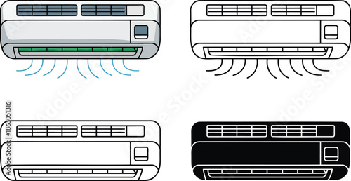 Air conditioner silhouette & Outline and illustration set isolated on transparent background