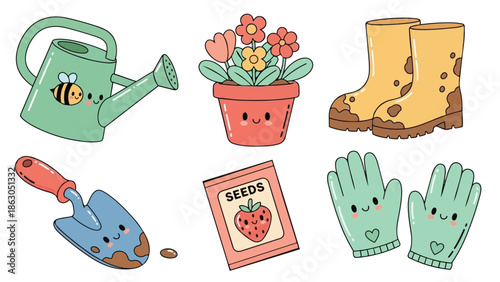Cute kawaii style gardening tools and accessories set including watering can, flower pot, muddy boots, gloves, trowel, and seed packet illustration