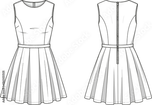 Technical flat sketch of sleeveless skater dress front and back view, fashion template for apparel design, pleated fit flare dress.