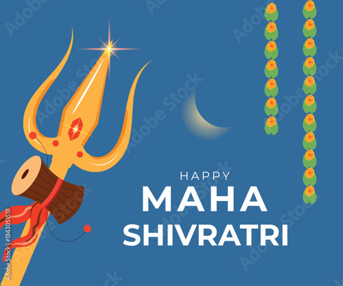 Maha shivratri greeting banner. Trident, flower, star, moon, text. Hindu celebration card for web design. Vector illustration
