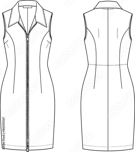 Technical flat sketch of sleeveless zip front dress front and back view, fashion template for apparel design, collared sheath dress.