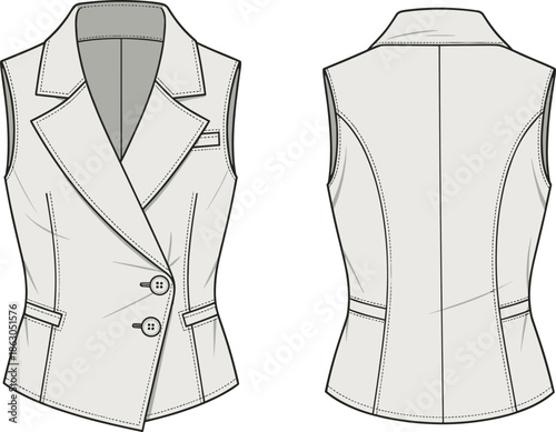 Technical flat sketch of sleeveless tailored vest front and back view, fashion template for apparel design, buttoned waistcoat blazer outline.