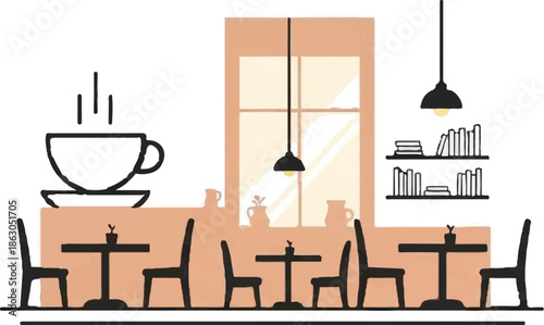 Cozy cafe interior with tables, chairs, steaming coffee, window, and bookshelves