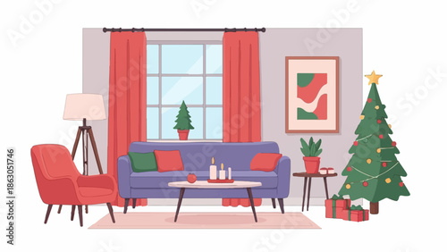 Cozy Christmas living room with decorated tree, gifts, and festive decor