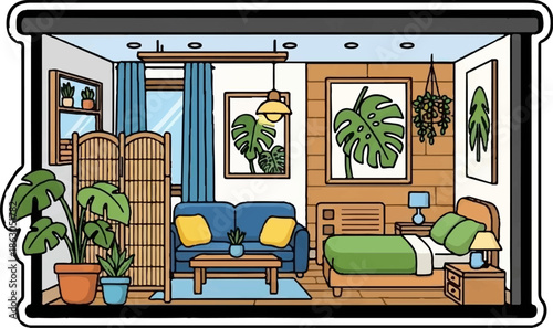 Cozy living room and bedroom with houseplants and tropical leaf art