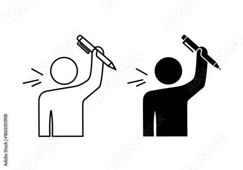 Two stick figures holding up pens in a celebratory gesture with motion lines