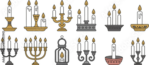 Retro ancient candlesticks, wax candle vintage holders. Medieval candelabra and candle stick set