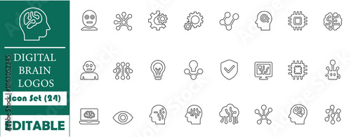 Modern digital brain icon set featuring AI, neural network, processor, and data flow symbols. Perfect for tech apps, AI projects, UI design, and innovative technology branding.