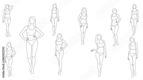 Collection of female figure sketches in various poses wearing swimsuits