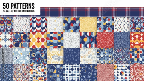 Collection of fifty seamless patterns in various geometric and abstract designs