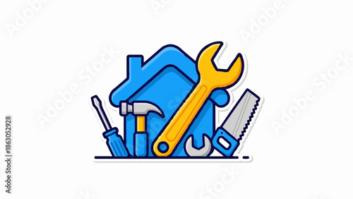 Blue house icon surrounded by various tools including a wrench, hammer, saw, and screwdriver