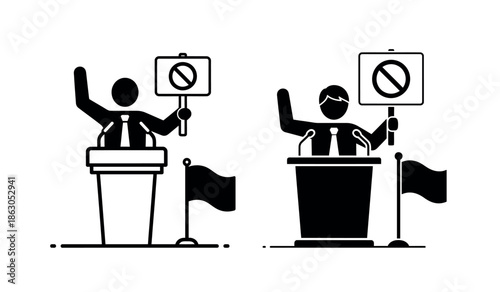 Protest and demonstration icon set speaker holding no symbol sign