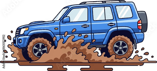 Blue off-road vehicle splashing through muddy water