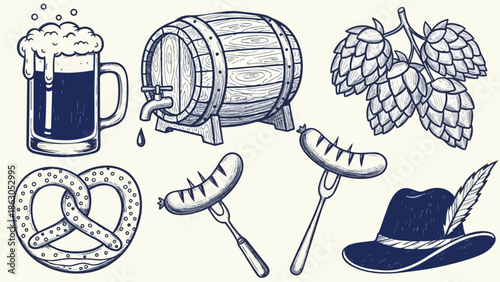 Hand drawn vintage style beer mug with foam wooden barrel dripping hop cones and grilled sausages on forks with traditional hat vector art