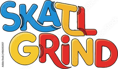 Bold, colorful letters spell out "SKATE GRIND" in a playful, cartoon style