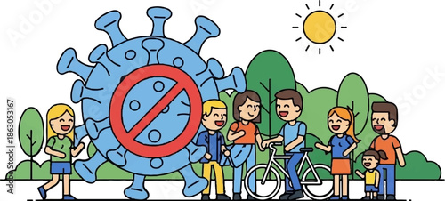 Diverse people enjoy outdoor activities near a large, negated virus symbol under a sunny sky, signifying a return to normalcy