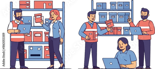 Diverse workers organize inventory in a warehouse setting