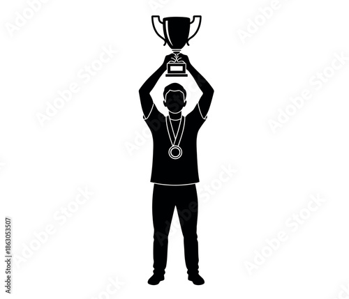 A triumphant athlete celebrating victory with a trophy