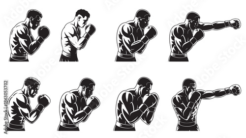 Boxer Punching Various Directions Black and White Illustrations