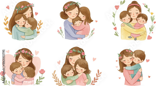 Loving mothers and their little children hugging in various colorful scenes