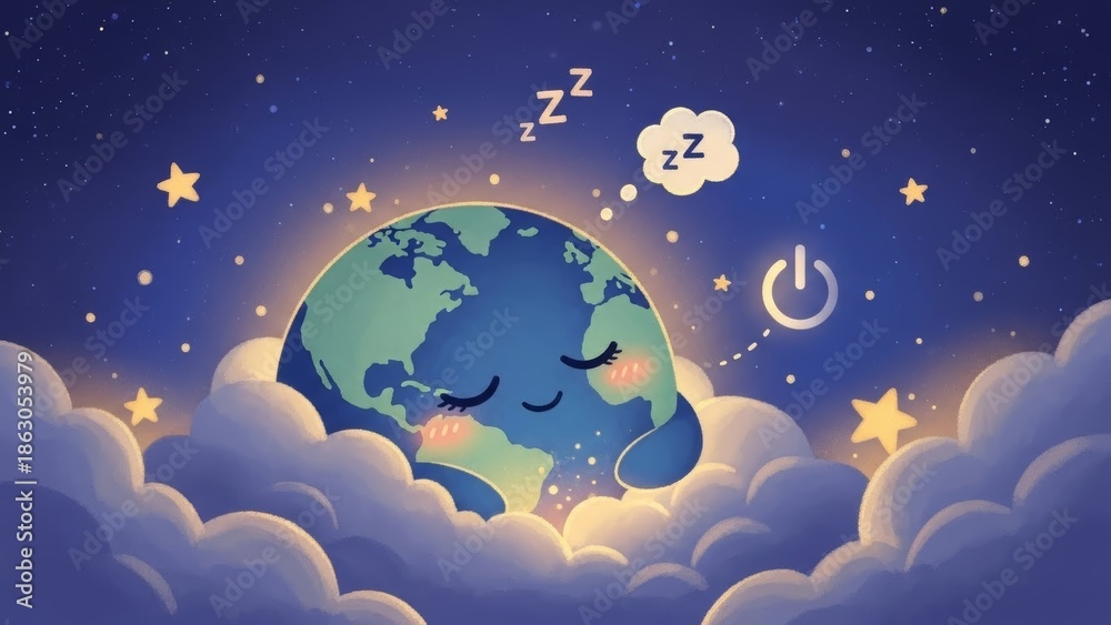 Fototapeta premium Sleeping earth in clouds with stars and power button for eco-friendly themes
