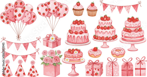 Pink birthday celebration elements including cakes cupcakes gifts and decorations