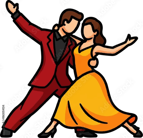 Dynamic illustration of a couple dancing. Man in red suit, woman in yellow dress, performing a dance