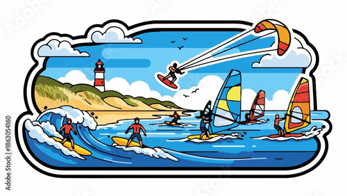 Dynamic ocean scene with surfers and windsurfers near a lighthouse