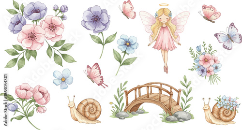 Whimsical floral illustrations with snails and bridge on white background