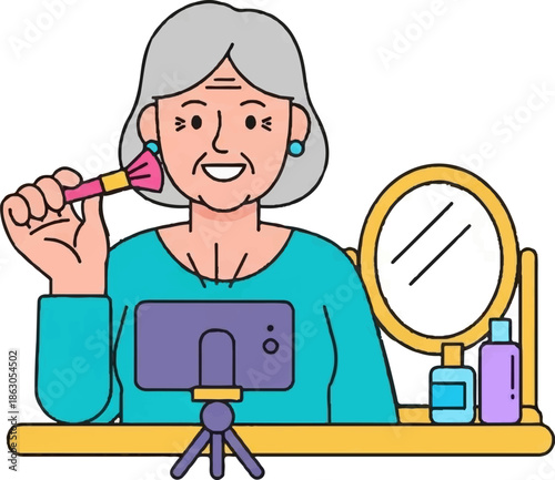 Elderly woman applying makeup, live streaming, with vanity mirror