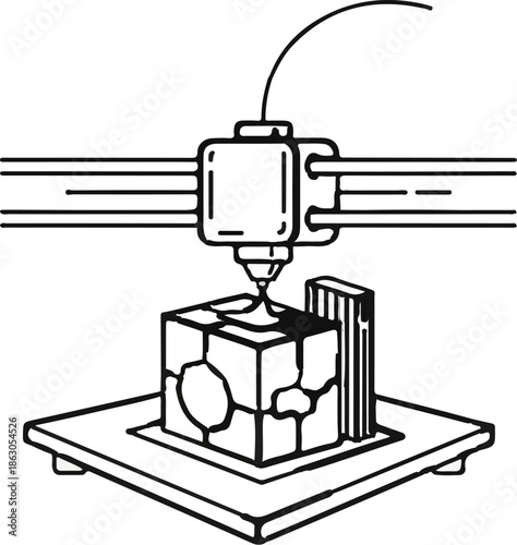 Black and white line art illustration of a 3D printer extruding material onto a patterned cube